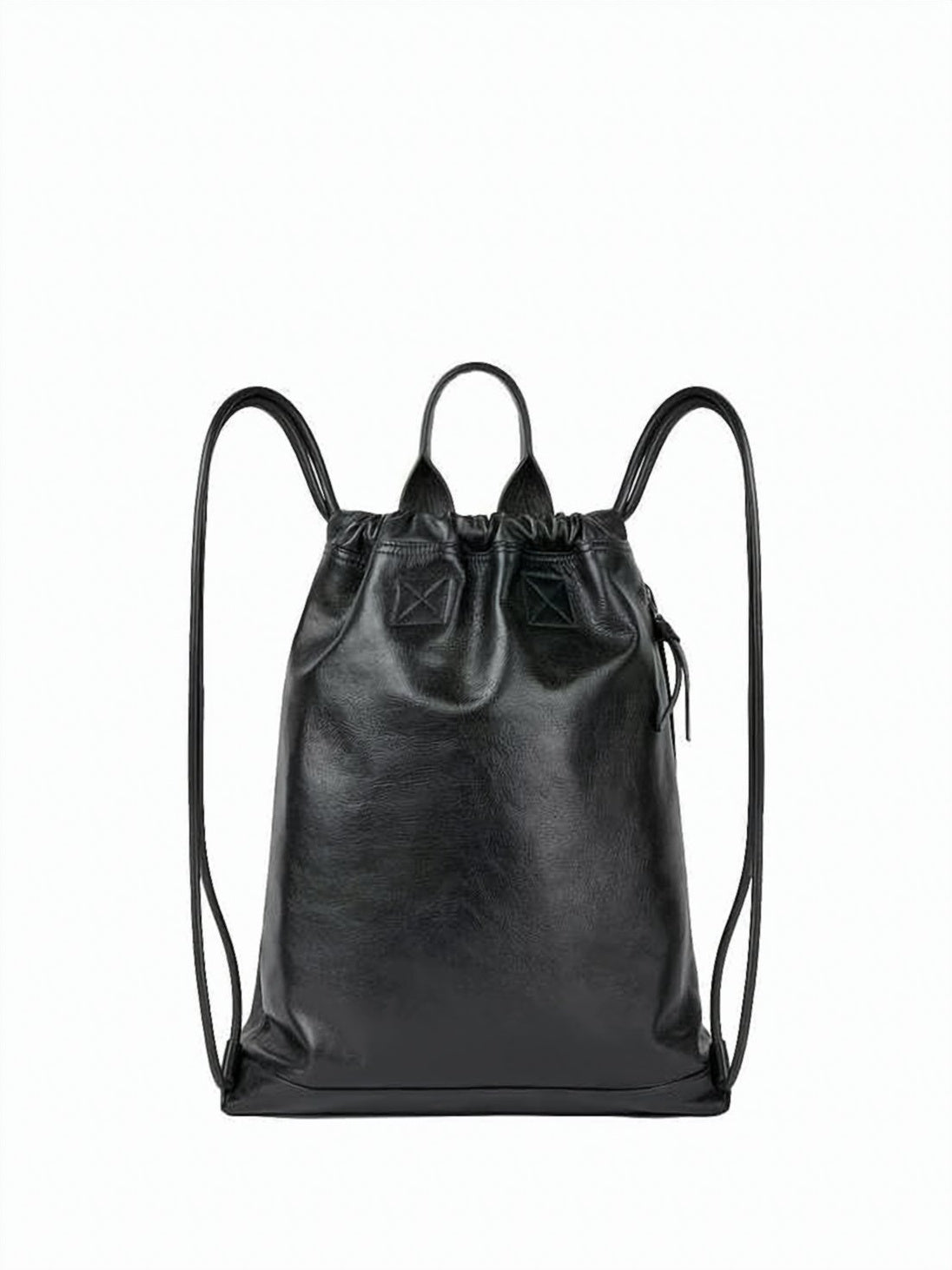 Black Smooth Calf Leather Drawstring Backpack