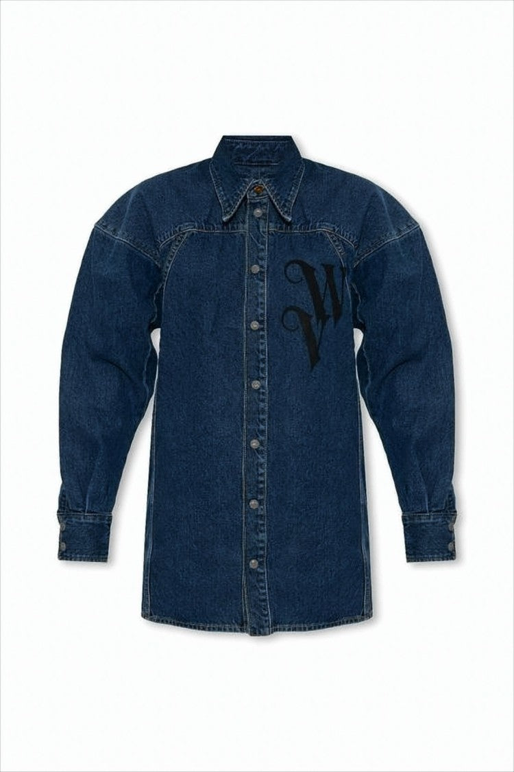 Indigo Denim Long-Sleeve Shirt with Graphic Logo