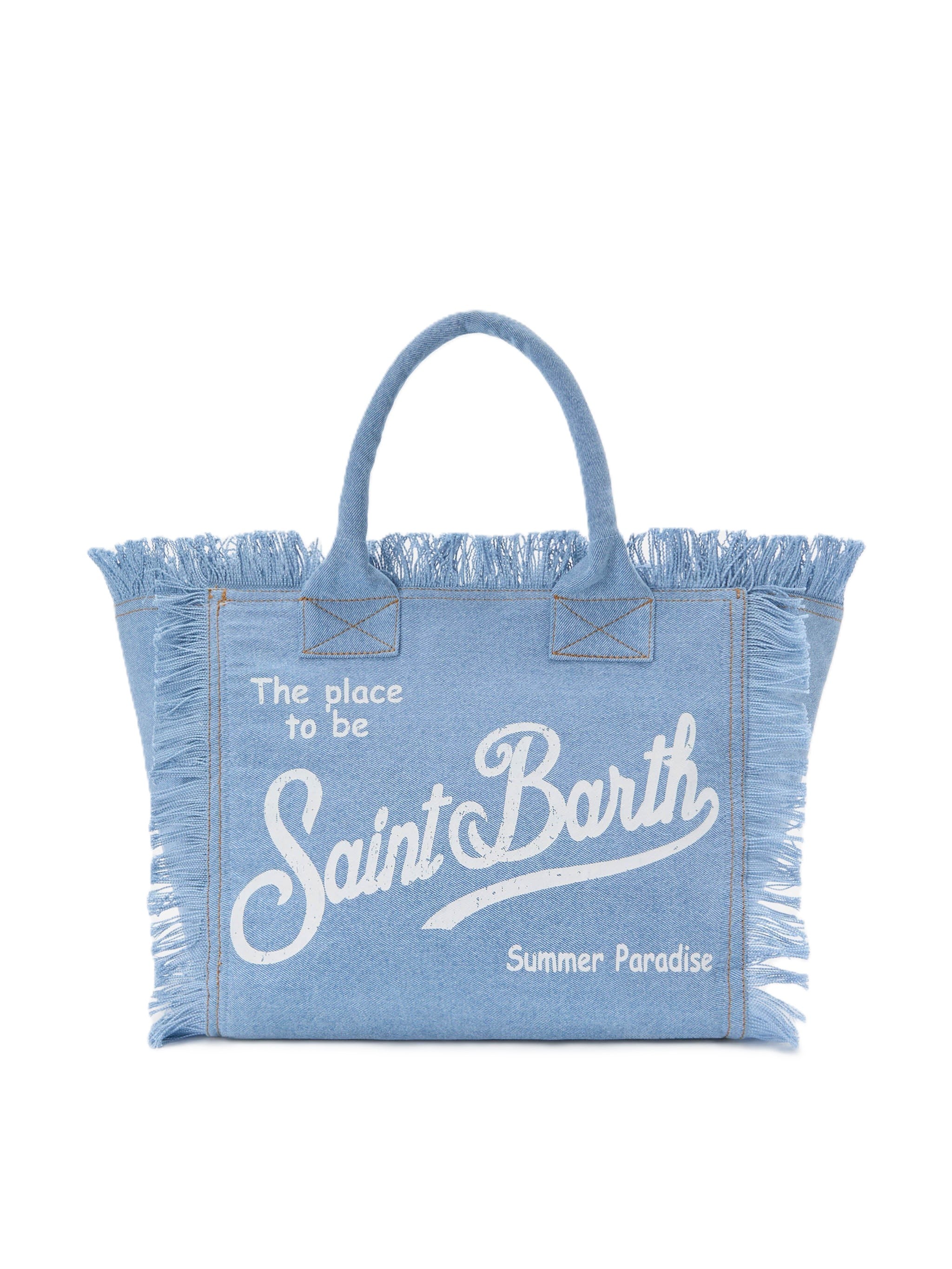 Light Blue Denim Tote Bag with Fringed Edges