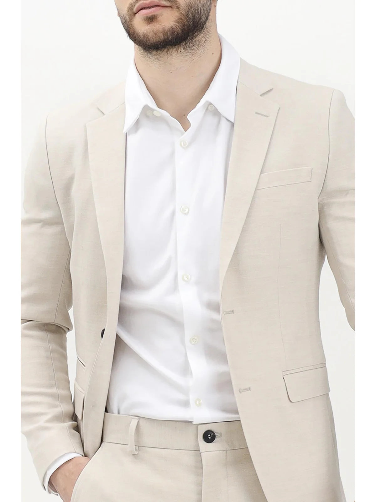 Beige Polyester Wool Viscose Slim Jacket