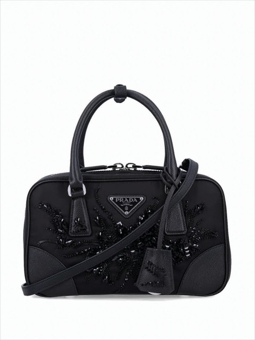 Rectangular Tote Bag With Leather Accents And Beaded Embellishments