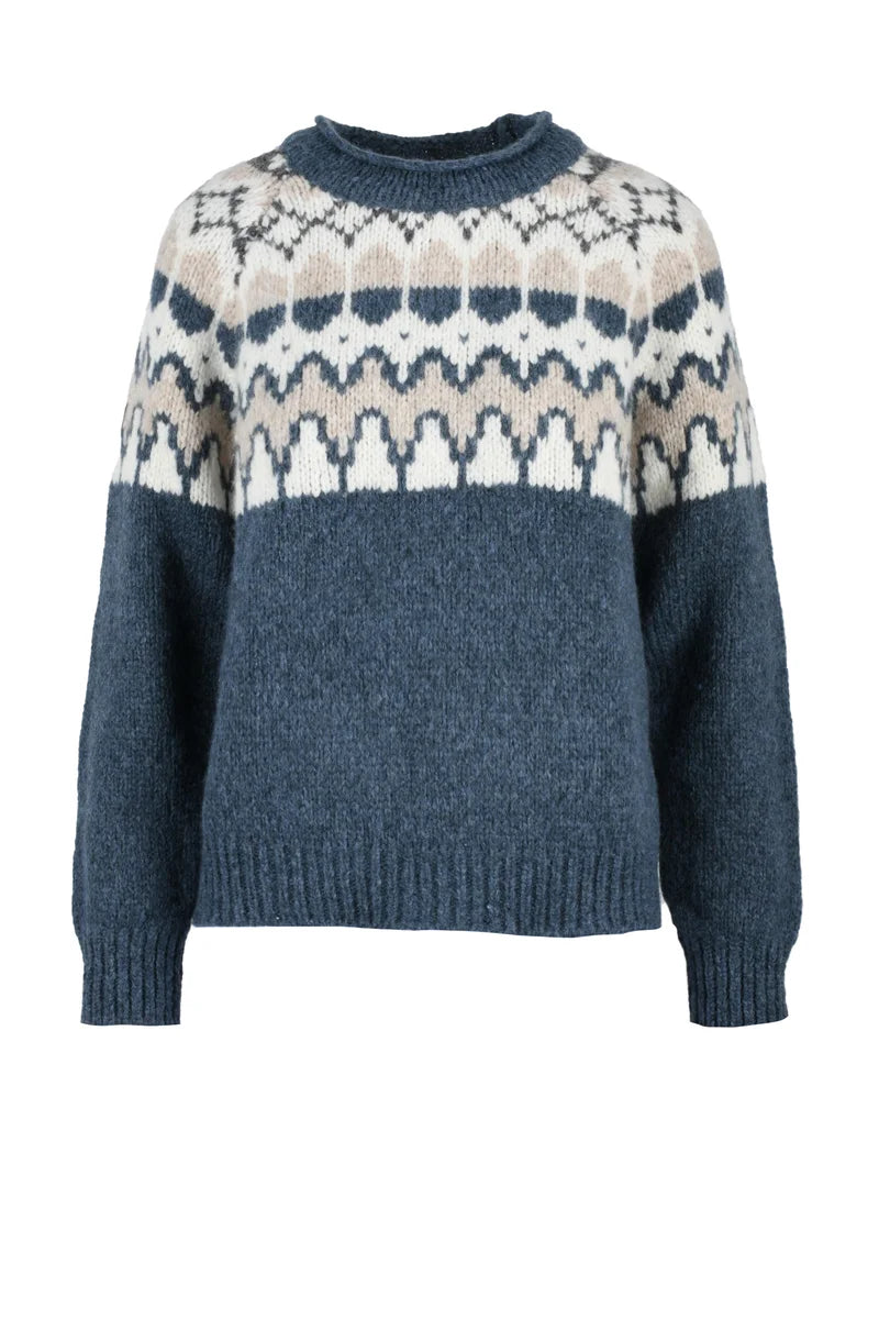 Women's Crew Neck Knit - Sky Blue/Beige