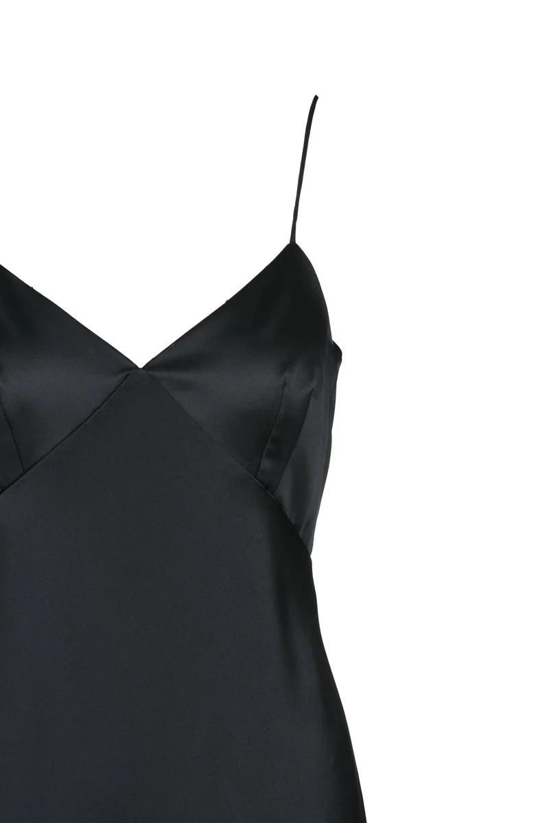 Long Silk Satin Dress - Black
