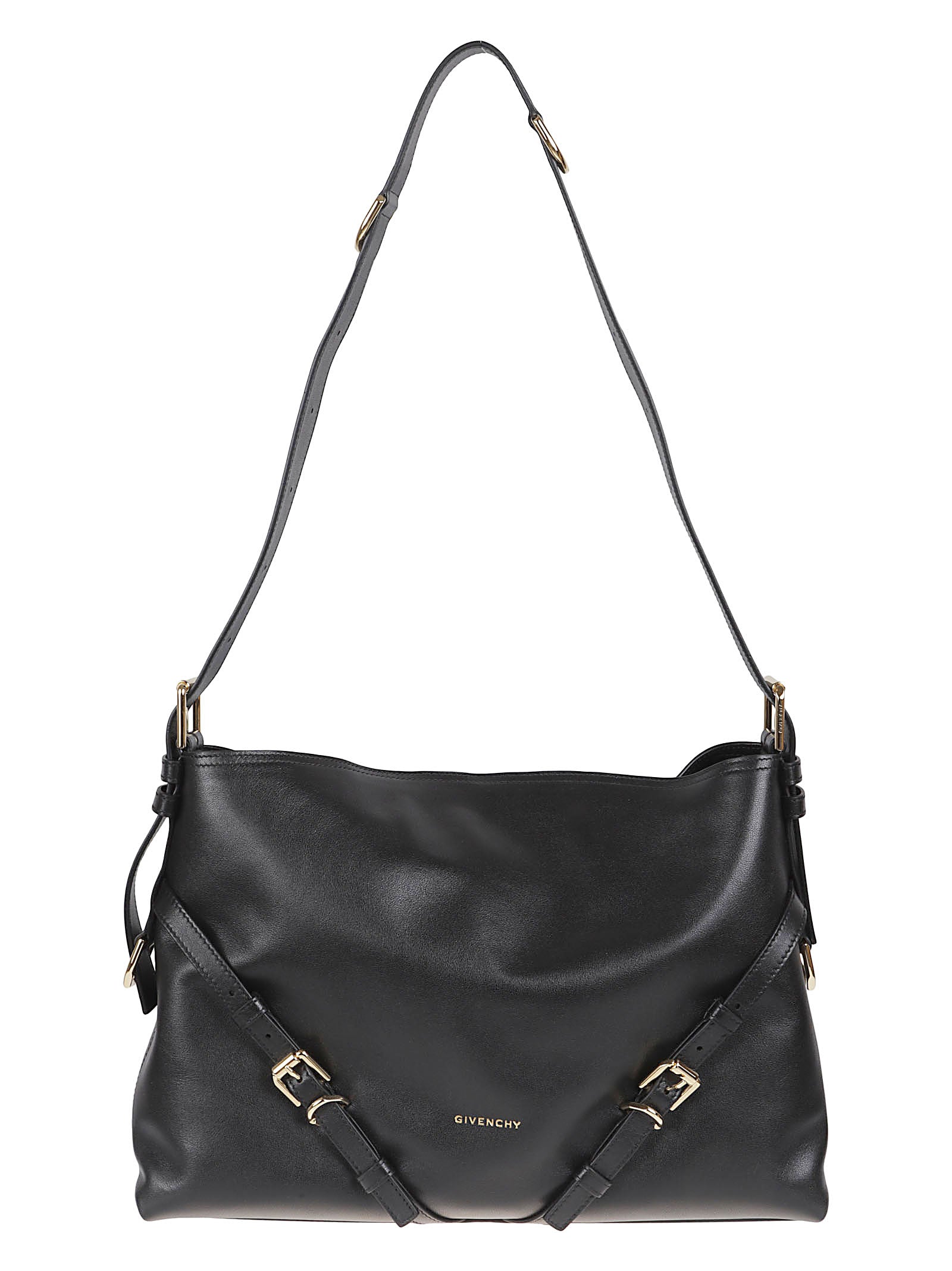 V-Shaped Black Leather Shoulder Bag with Adjustable Strap and Gold Hardware