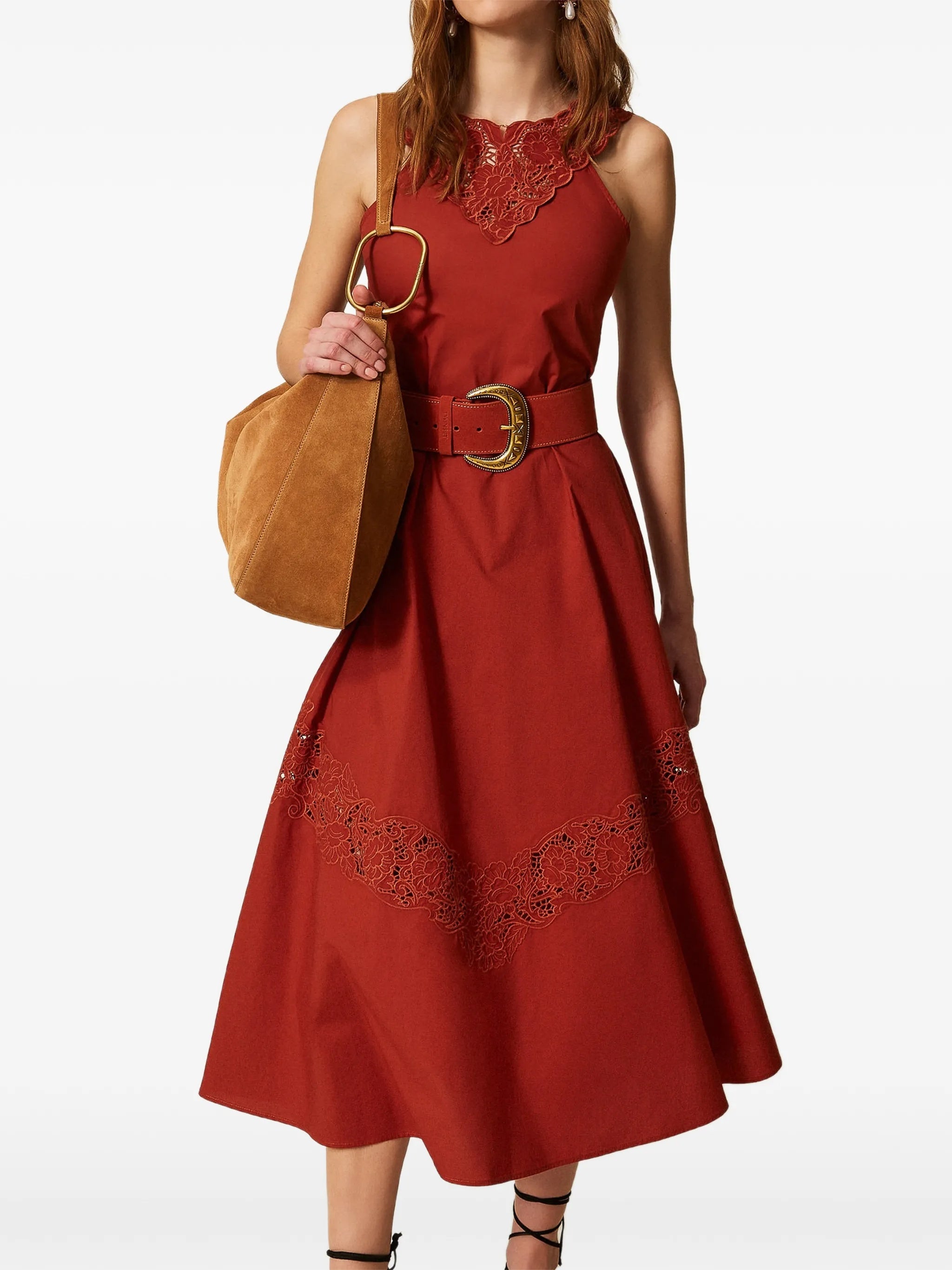 Rust Abito Sleeveless Lace Midi Dress