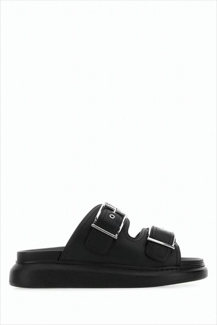 Two-strap Slide Sandal with Silver-tone Buckles