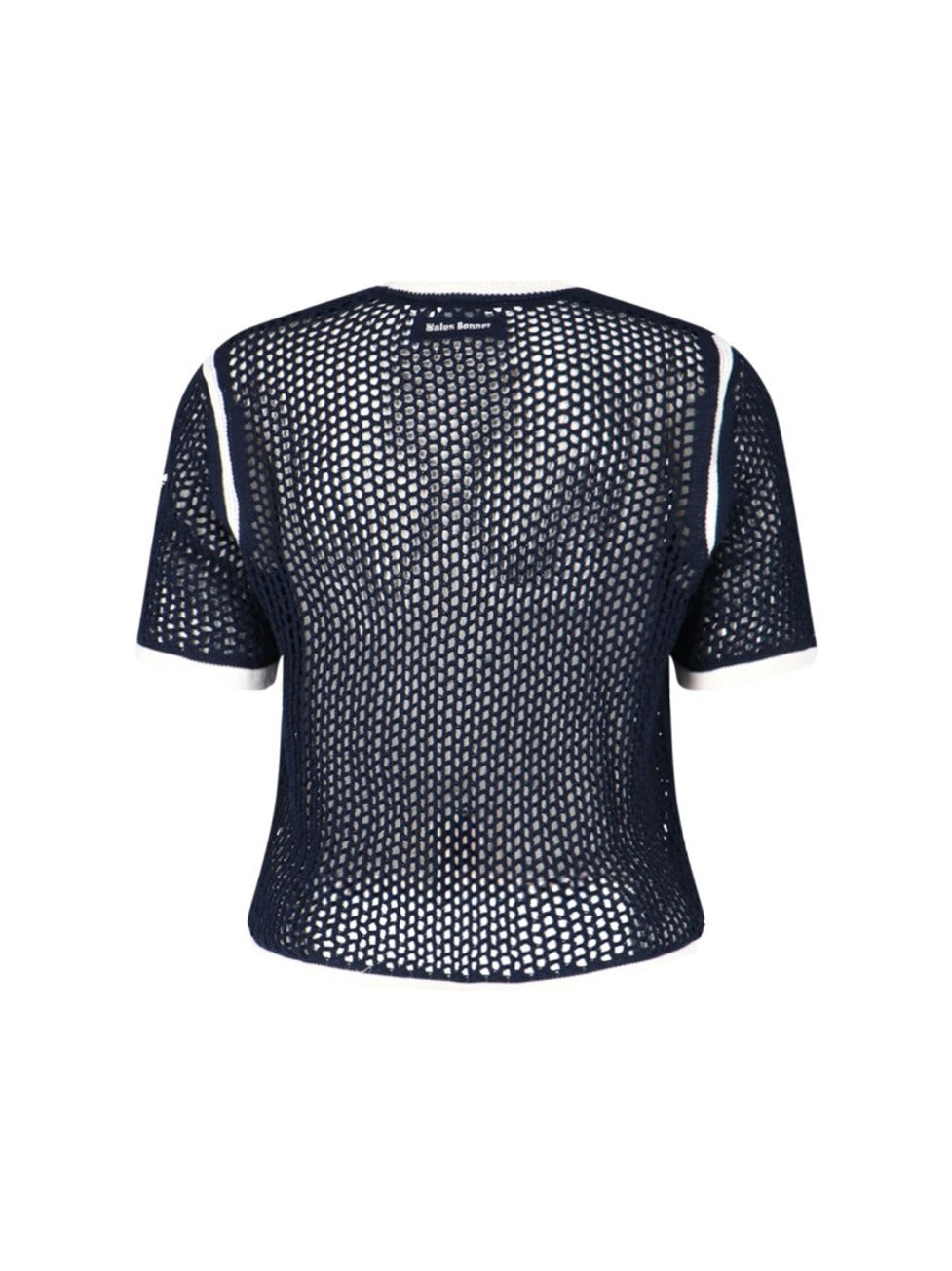 Granatowy T-shirt szydełkowy z białym logo Trefoil