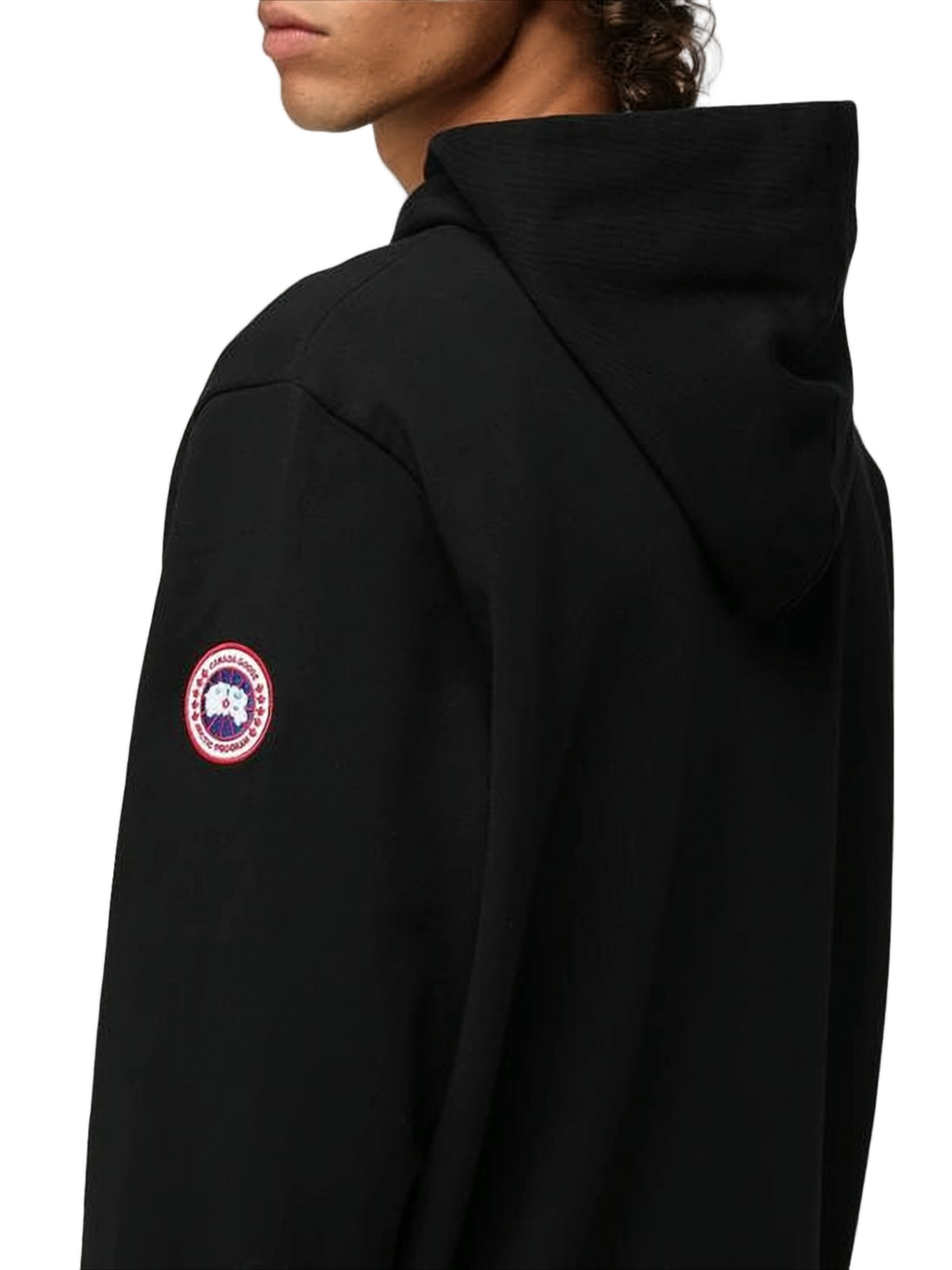 Black Zip-Up Hoodie with Circular Logo Patch