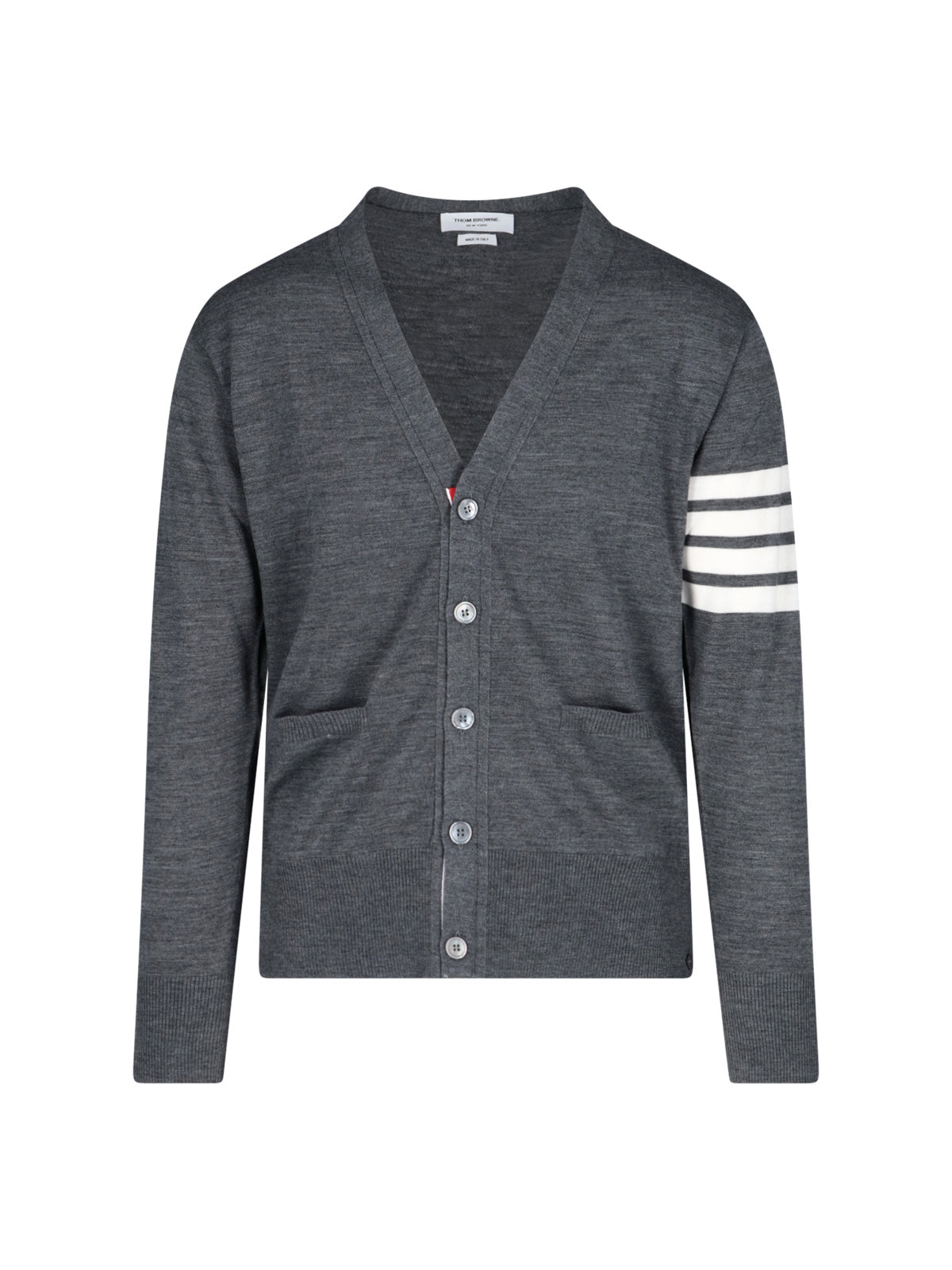 Grey Virgin Wool Cardigan With Iconic 4-Bar Intarsia