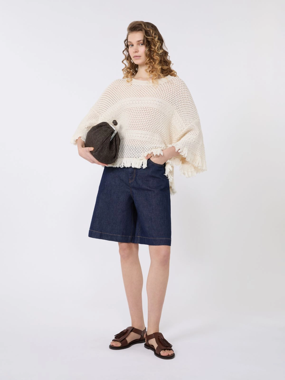 Textured Open-Knit Sweater with Fringe Detail