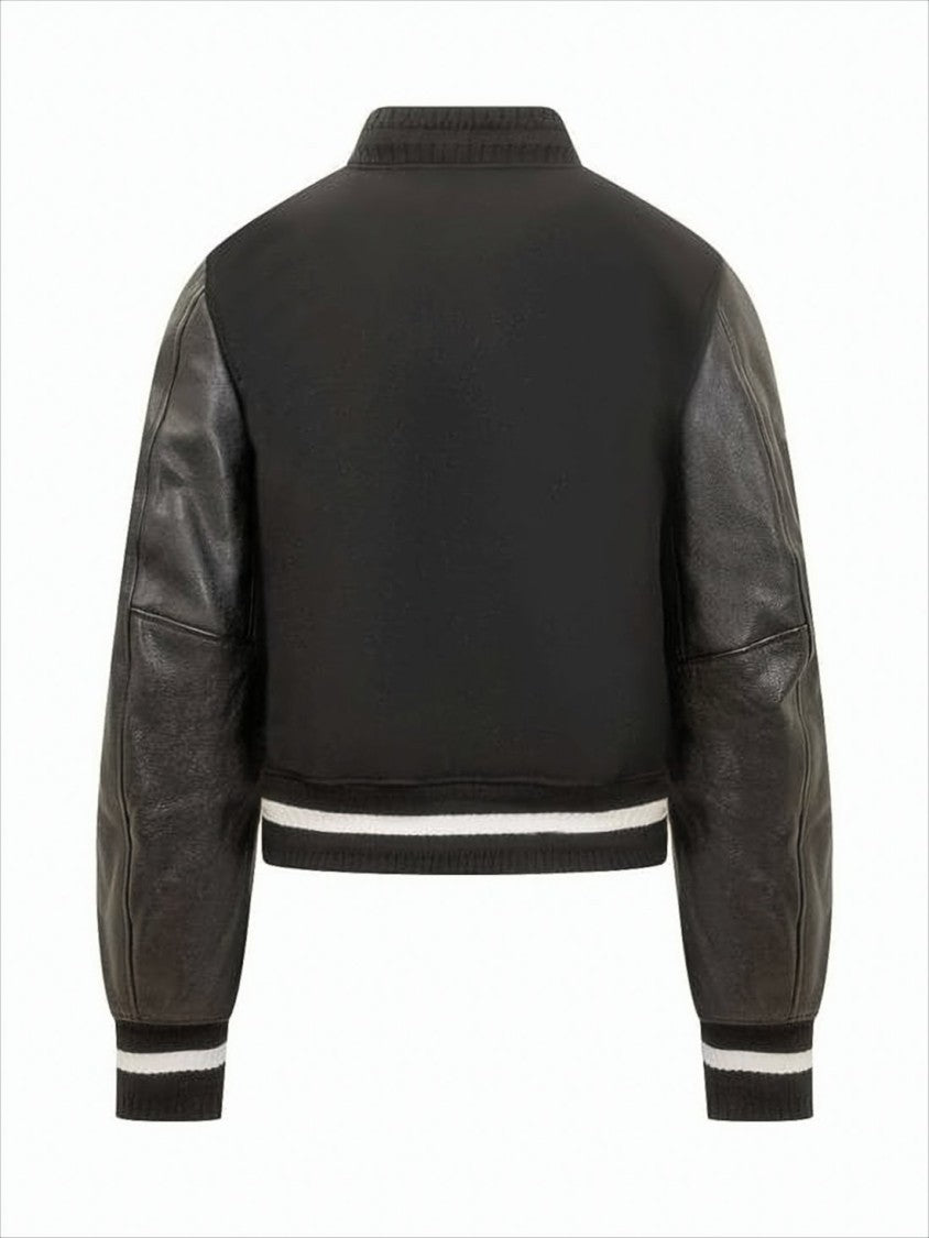 Cropped Wool-Blend Jacket with Leather Sleeves