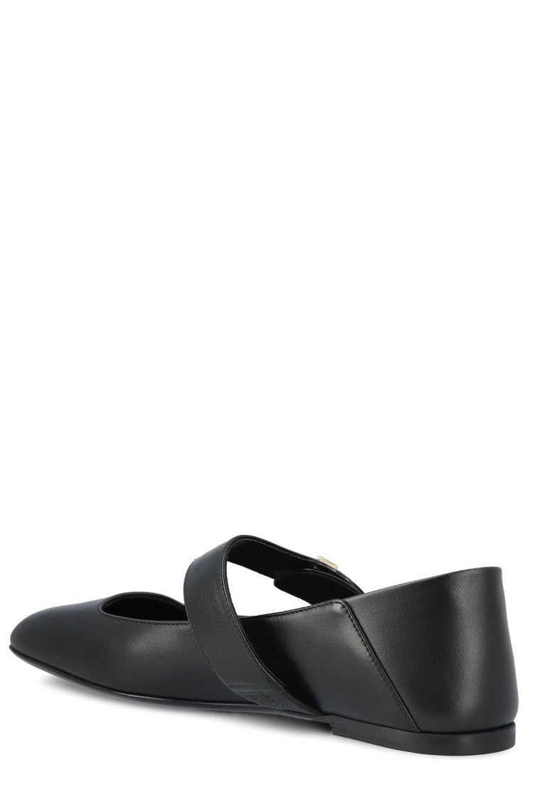 Pointed-Toe Black Calf Leather Flats with Circular Buckle Detail