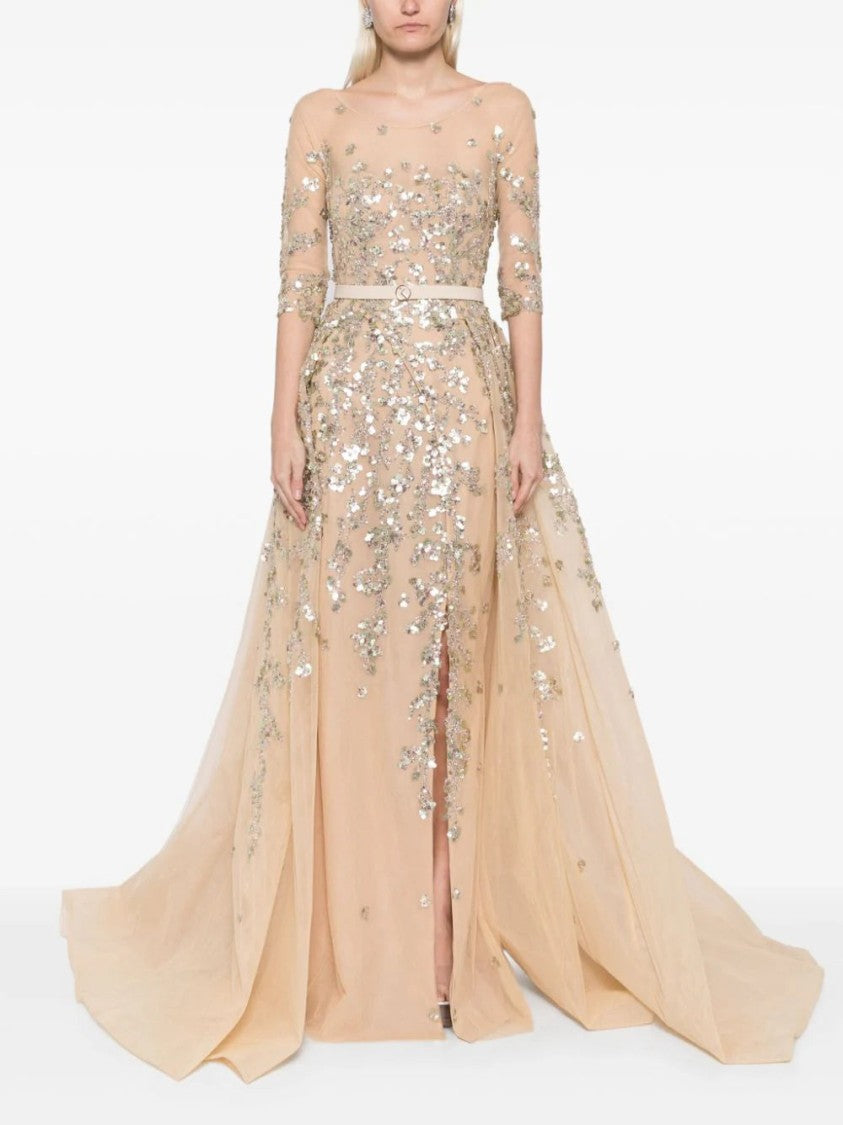 Tulle Beaded Dress With Envelope Skirt And Overskirt