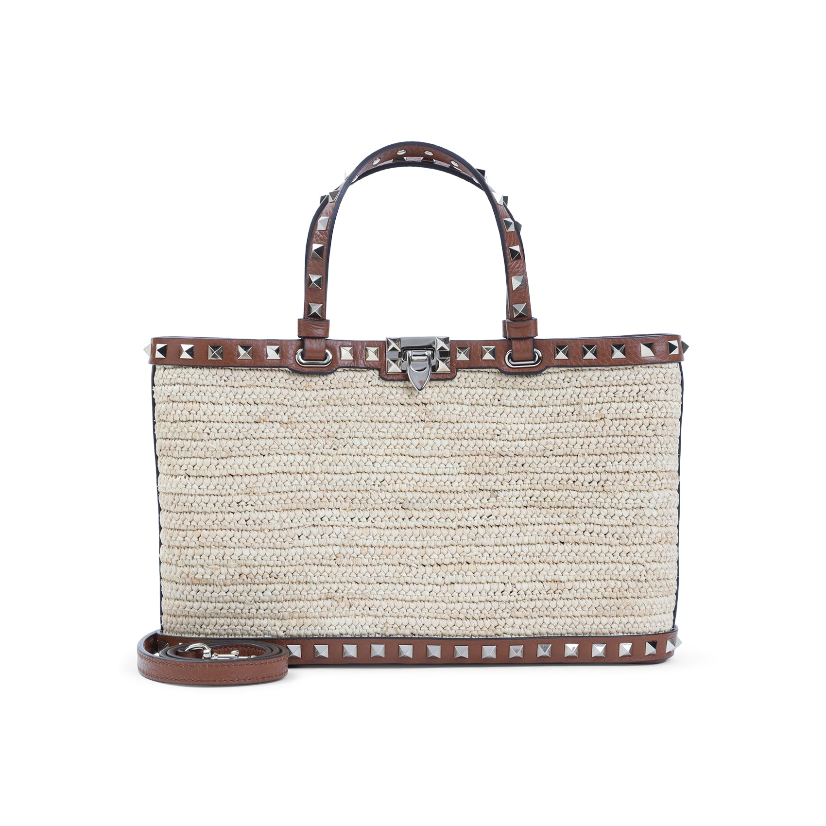 Woven Straw Tote Bag With Leather Trim