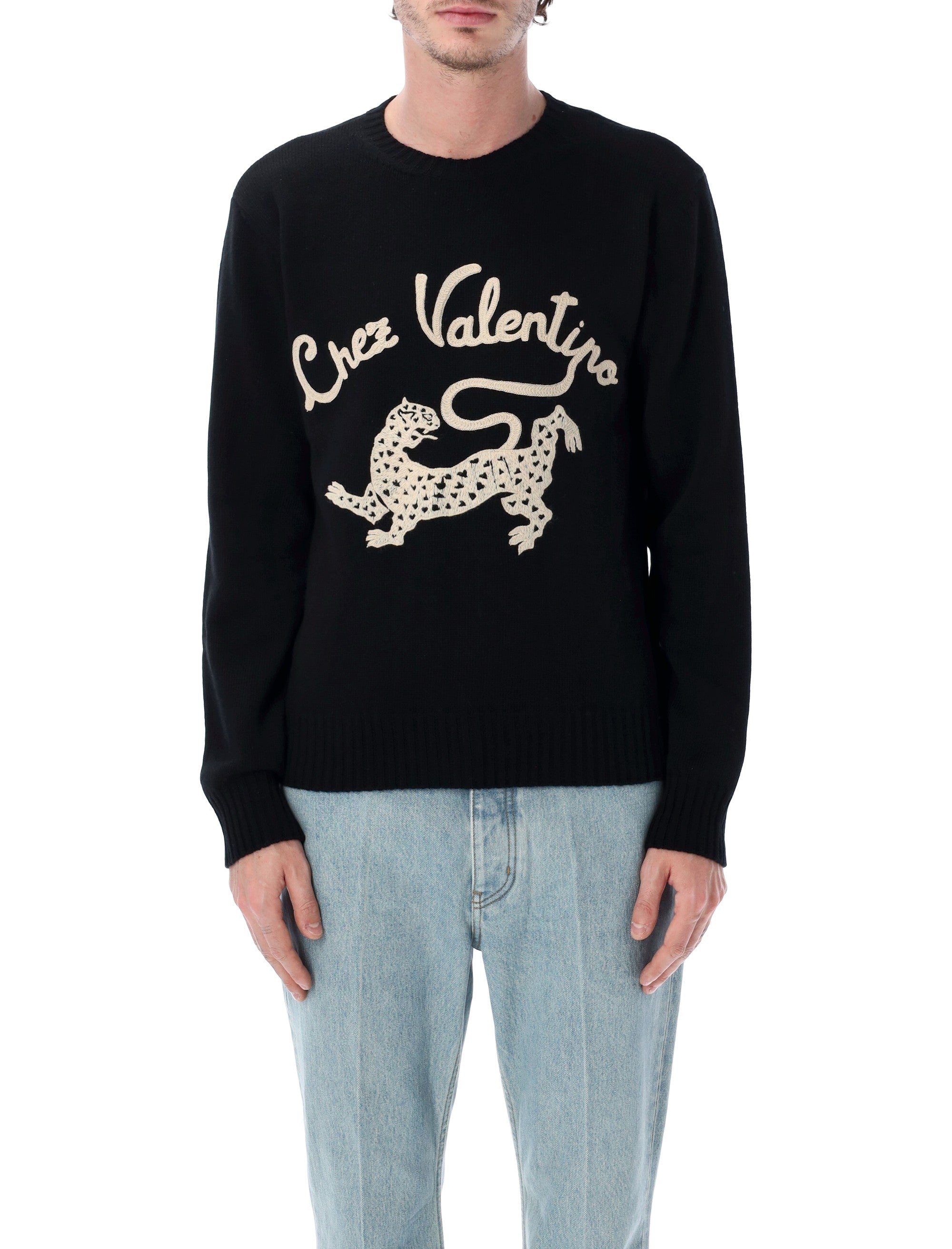 Embroidered Black Wool Jumper with Crew Neck