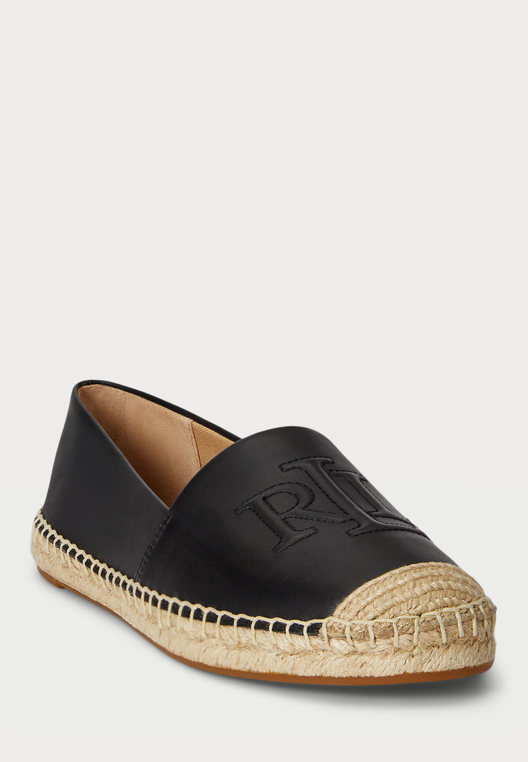 Smooth Black Leather Espadrille Flats with Embossed Logo