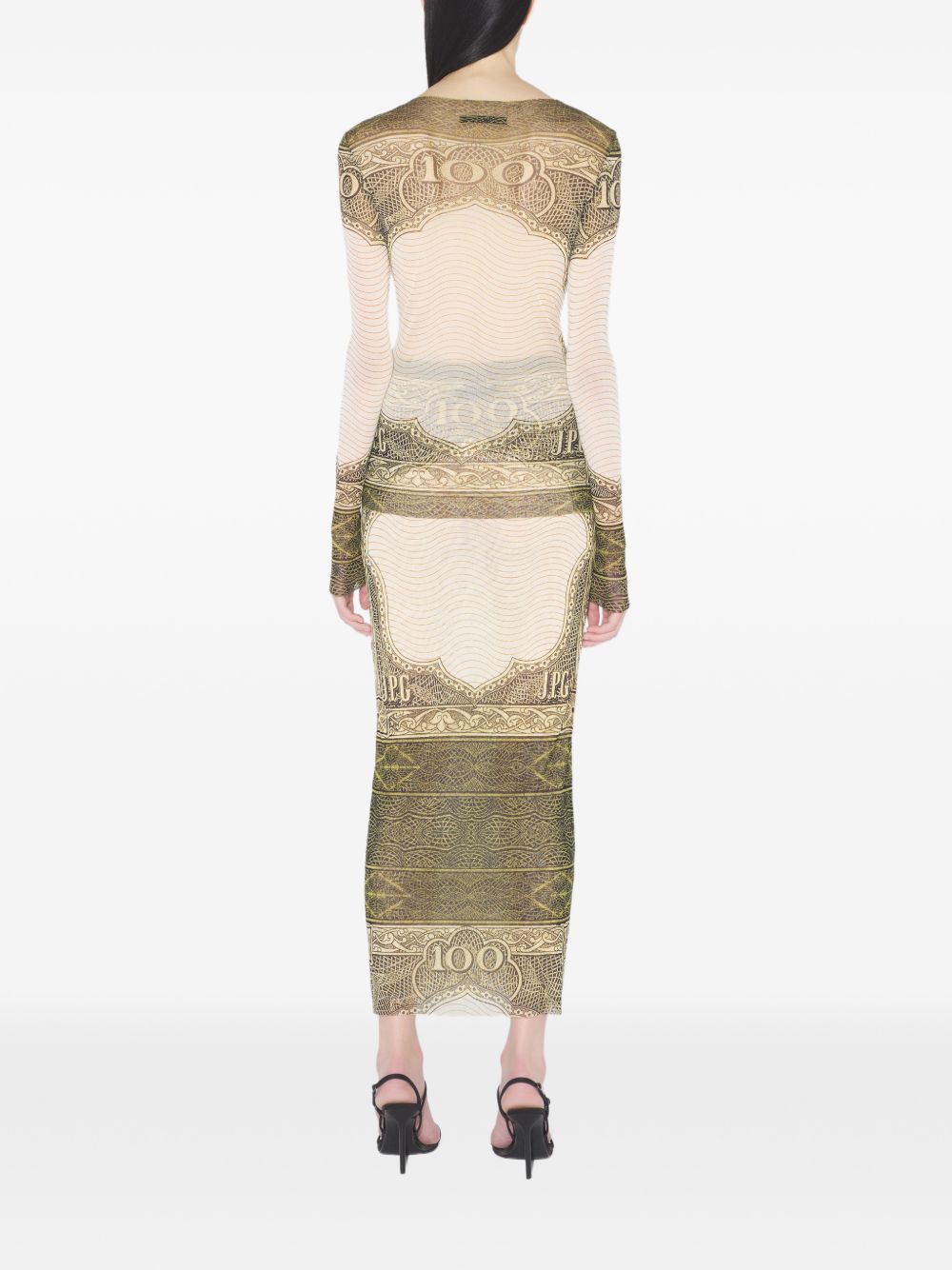 Long-Sleeved Sheer Top With Vintage Currency Print