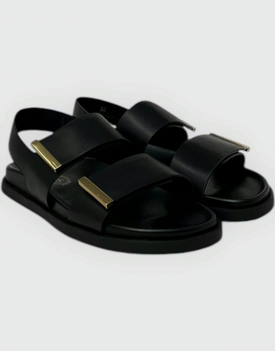 Black Calf Leather Sandals with Gold Accents