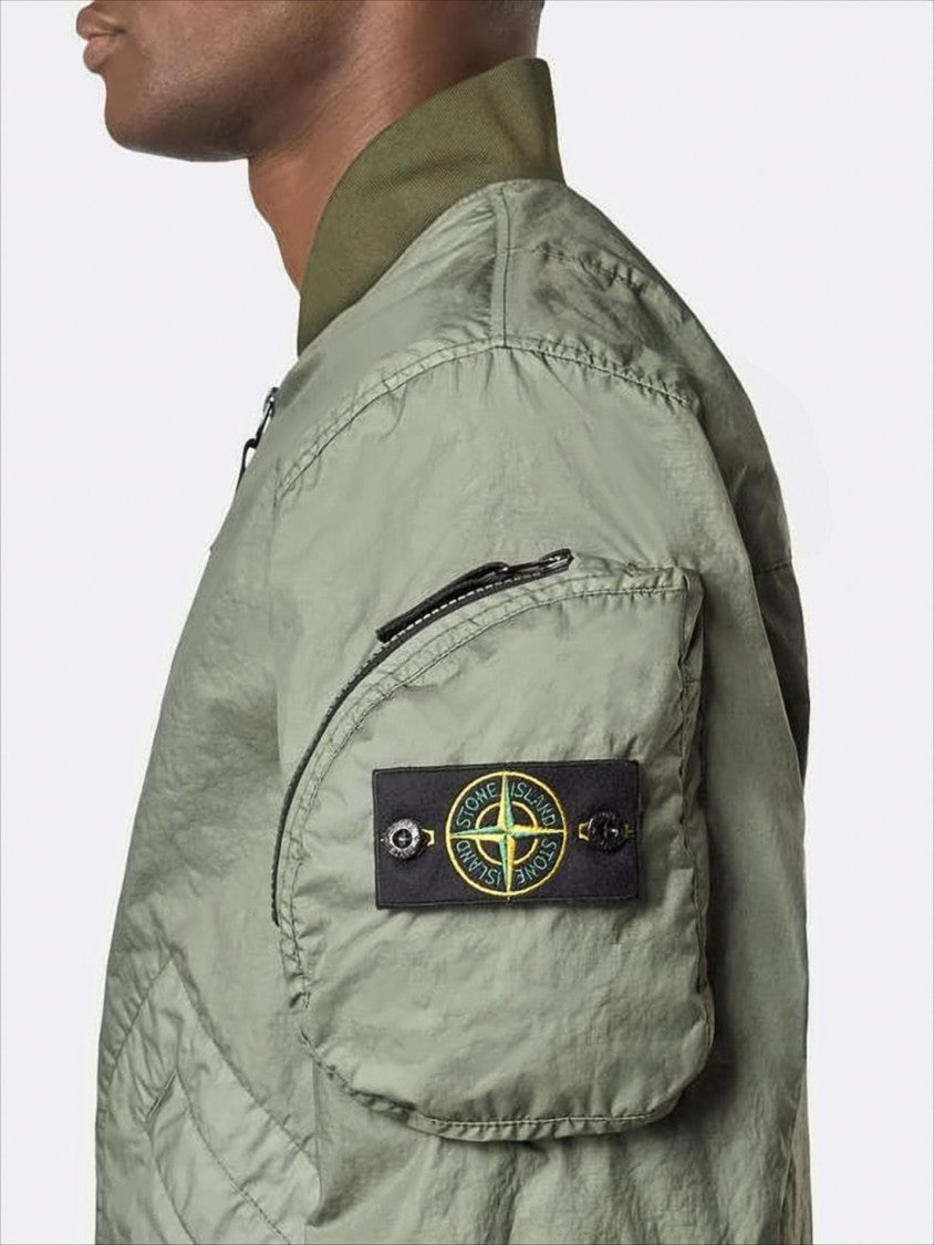 Lightweight Crinkled Texture Bomber Jacket with Flap Pockets