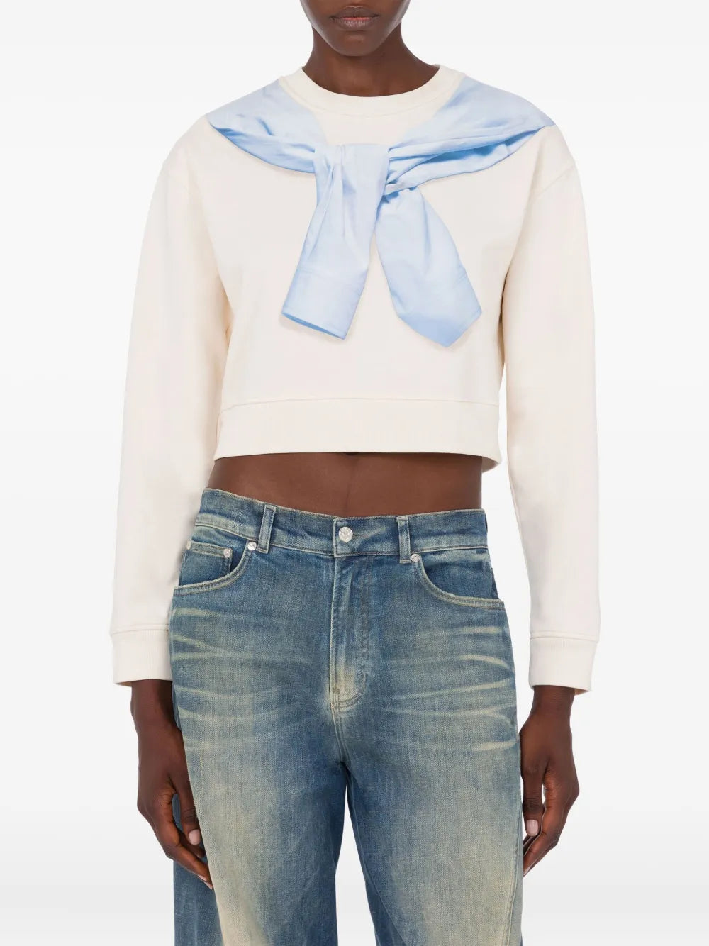 Cropped Light Beige Sweatshirt with Unique Tied Design