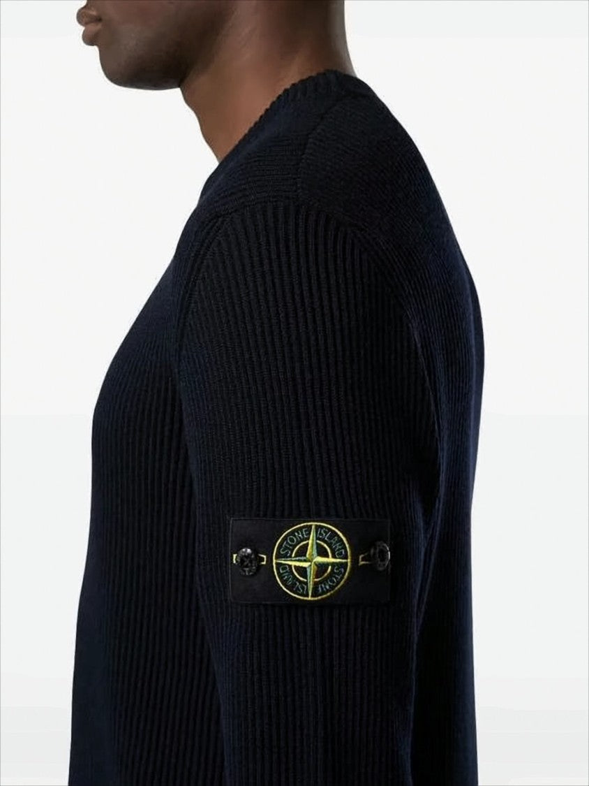 Ribbed Knit Black Sweater with Distinctive Sleeve Patch