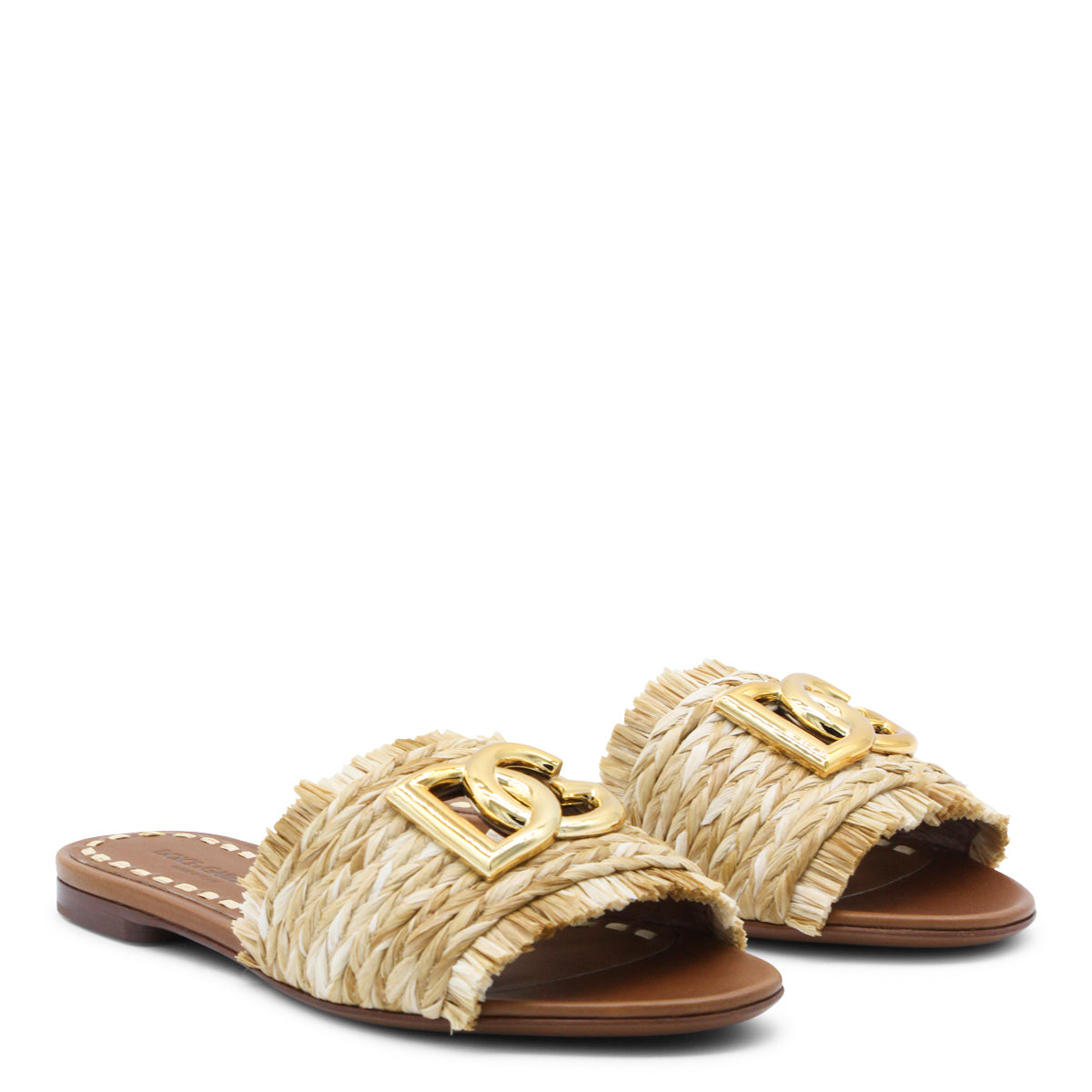 Beige Leather Open-Toe Raffia Flats