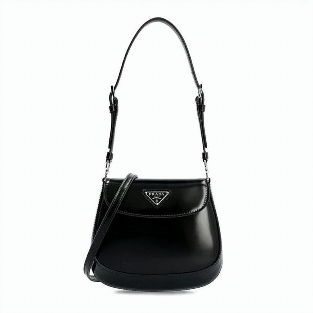 Rounded Black Shoulder Bag with Prominent Logo Plaque