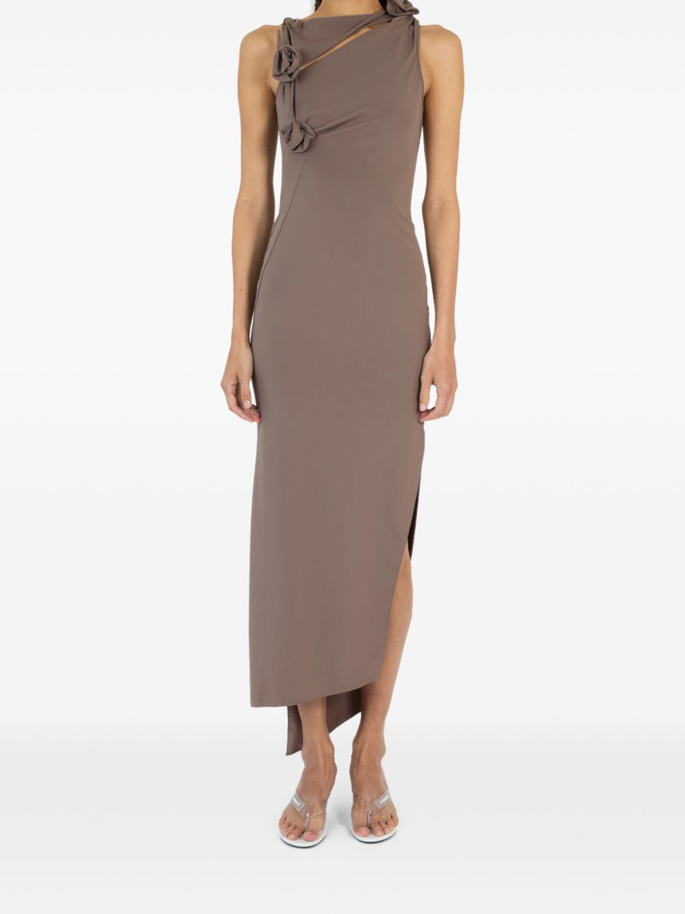 Brown Asymmetrical Rosette Fitted Midi Dress