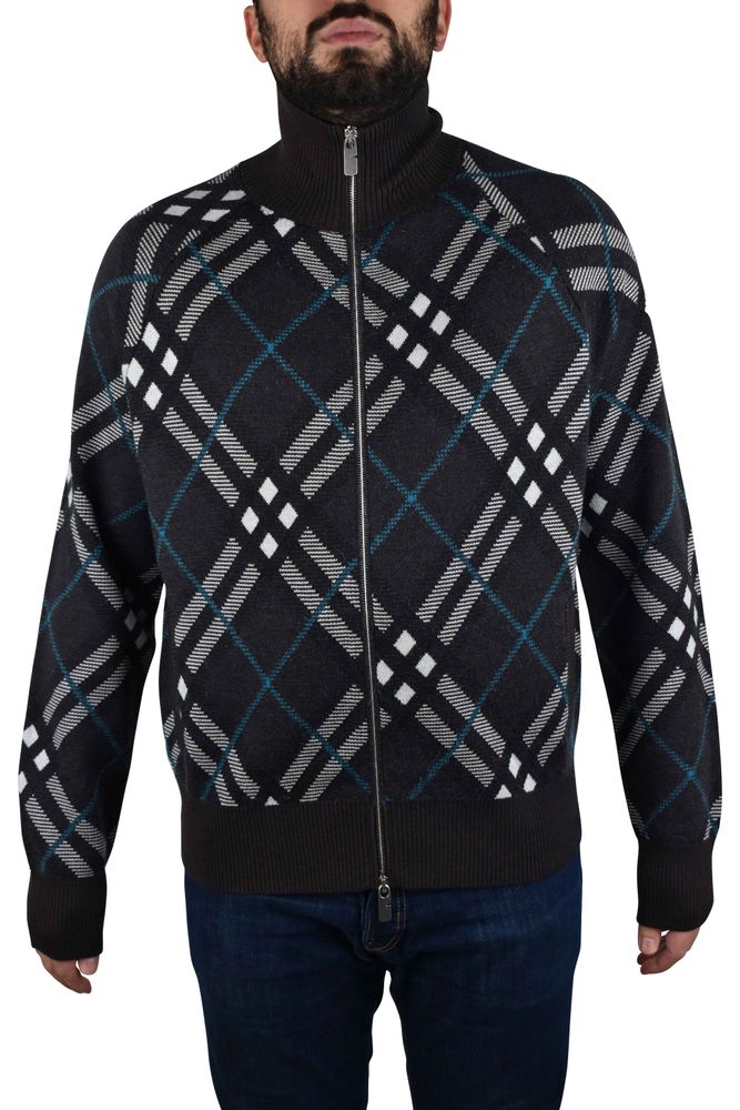 Check Pattern Wool Cardigan With High Collar