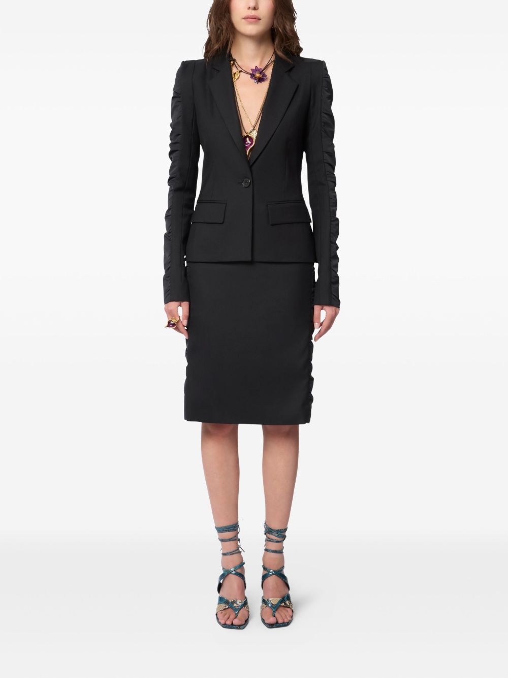 Tailored Black Jacket With Structured Lapels And Ruched Detailing