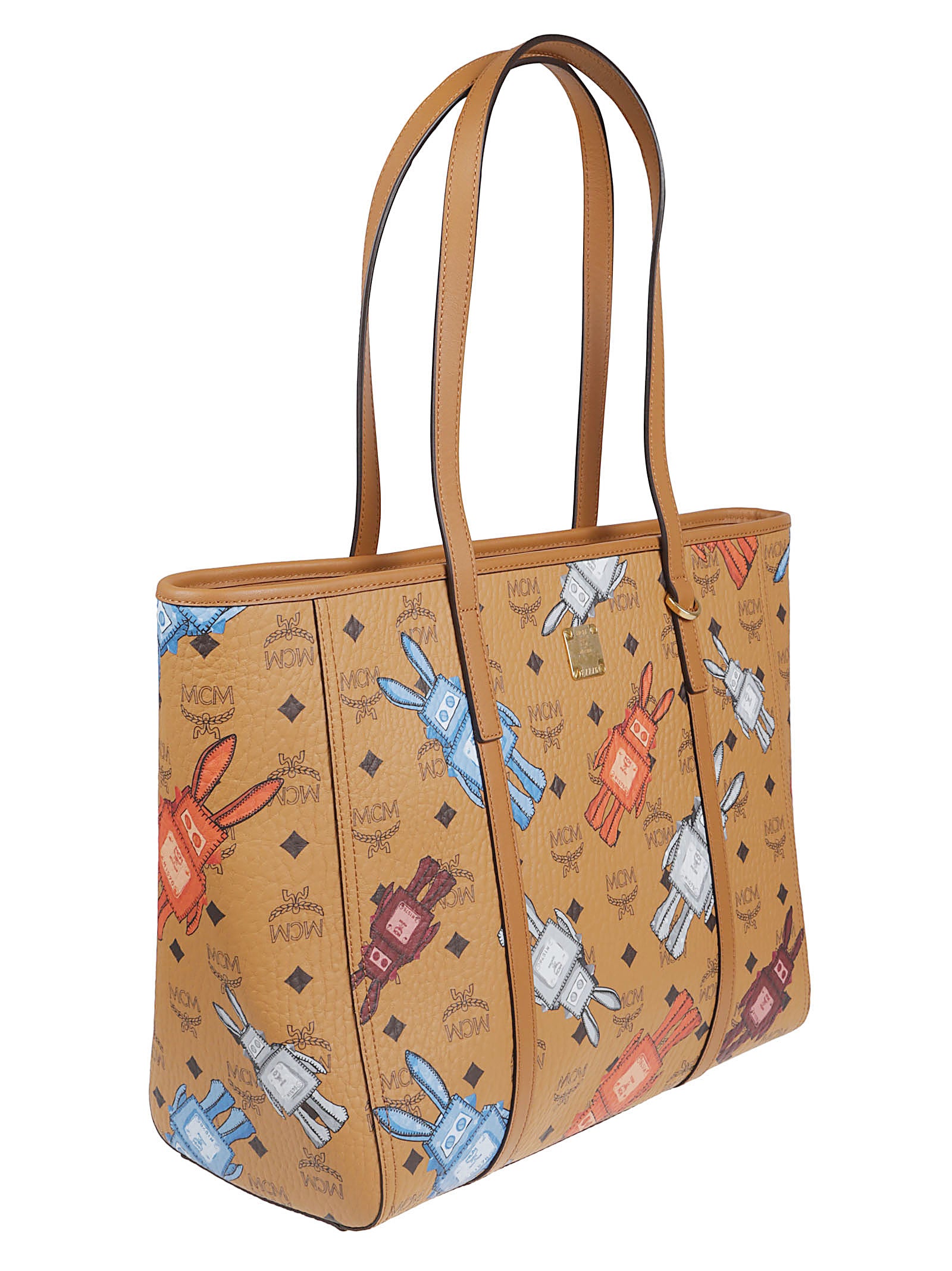Structured Tote Bag with Colorful Robot Pattern and Leather Trims