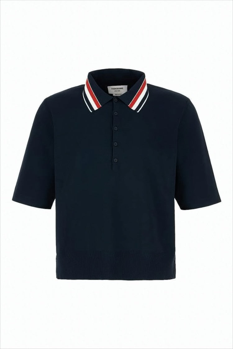 Cropped Blue Polo Shirt with Striped Accents