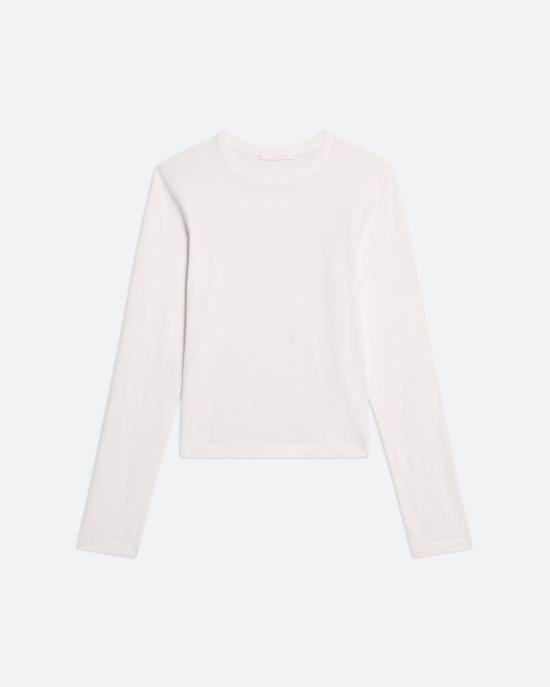 White Long-Sleeved Top with Crew Neckline and Cropped Hem