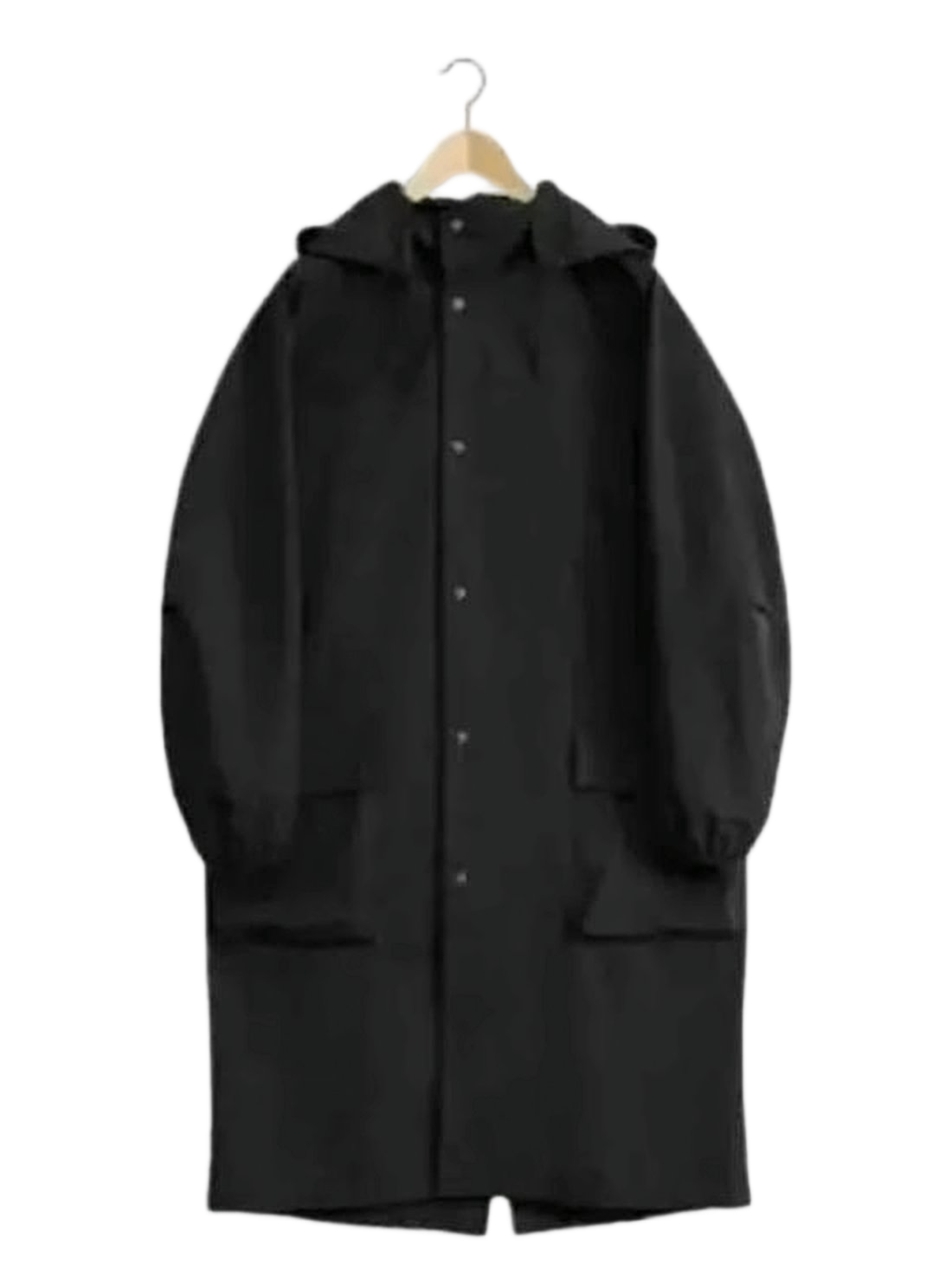 Relaxed Black Coat with Hood and Button-Up Front