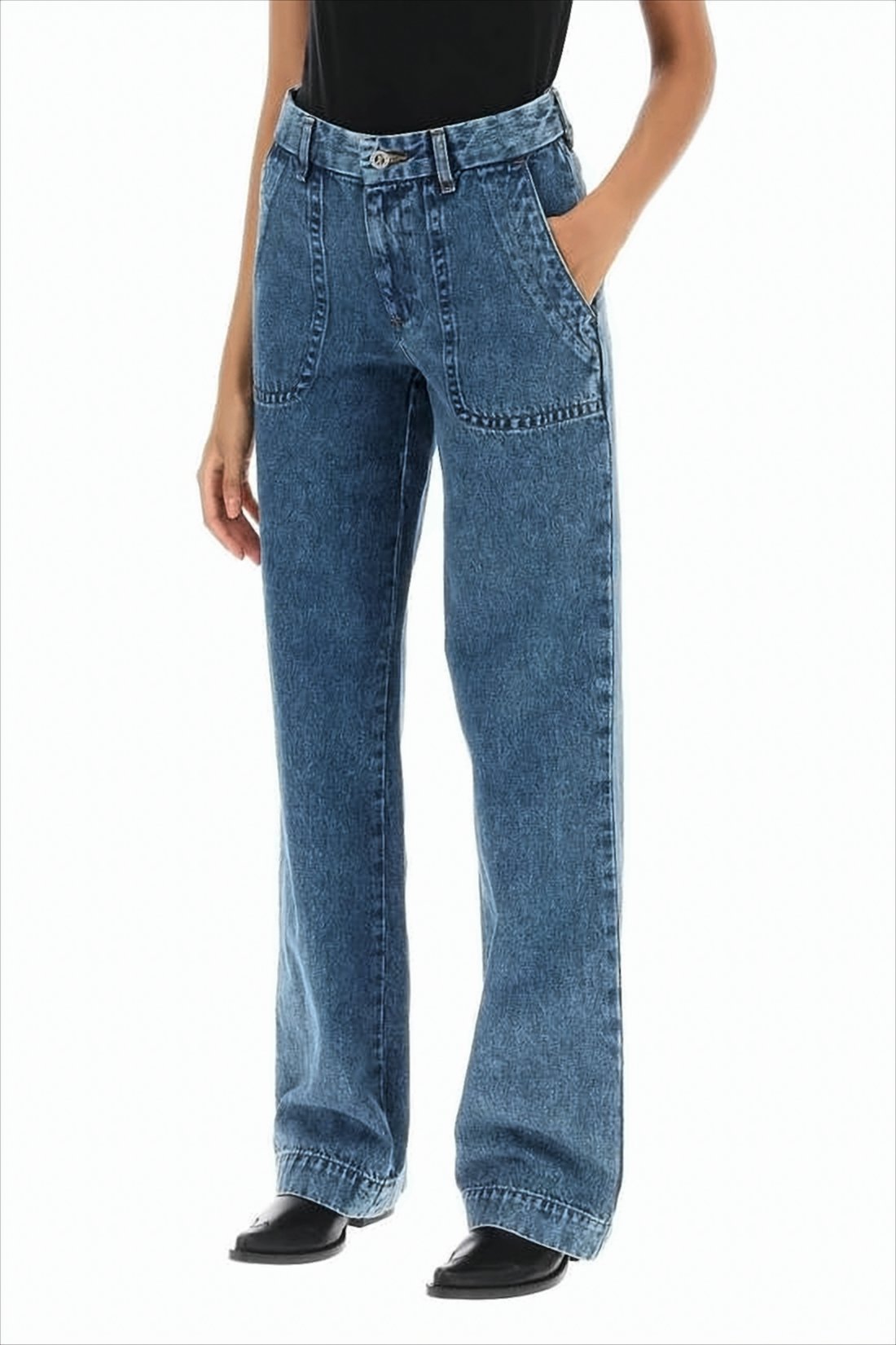Wide-Leg Denim Pants With High Waist And Front Patch Pockets