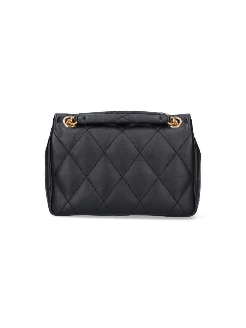 Compact Quilted Black Bag With Gold-Tone Plaque