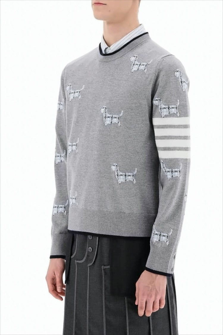Grey Wool Sweater with Dog Motif and Signature Stripes