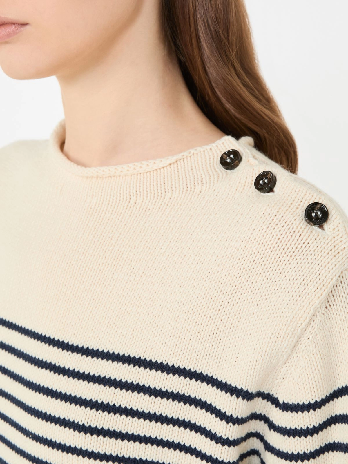 Knitted Long-Sleeve Top with Horizontal Navy Stripes