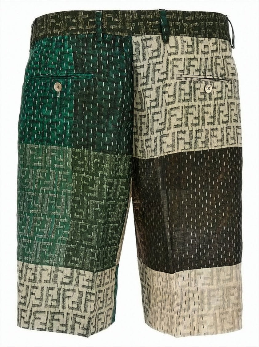 Patchwork Textured Linen Shorts With Buttoned Pockets