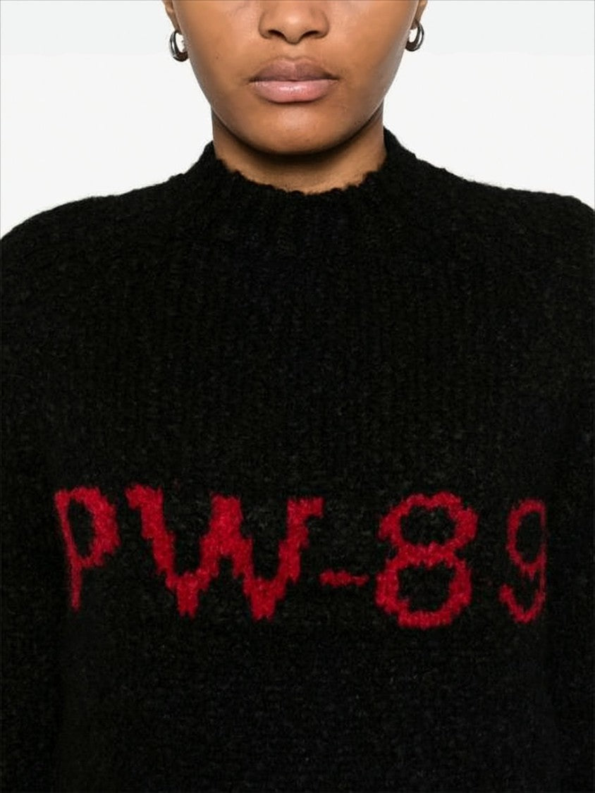 Fuzzy Black Knit Sweater With Bold Red 'Pw-89' Detail