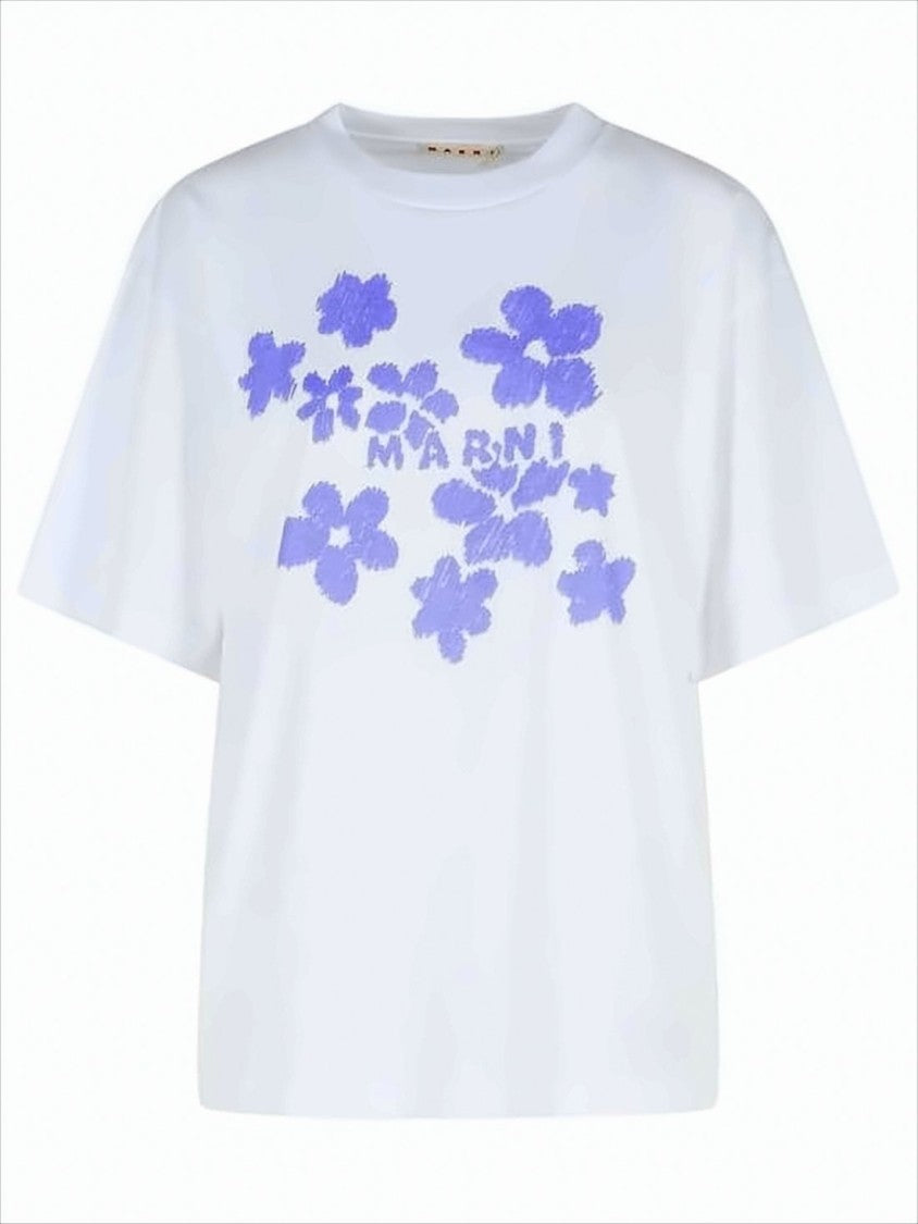 White Short-Sleeve T-Shirt with Abstract Floral Design