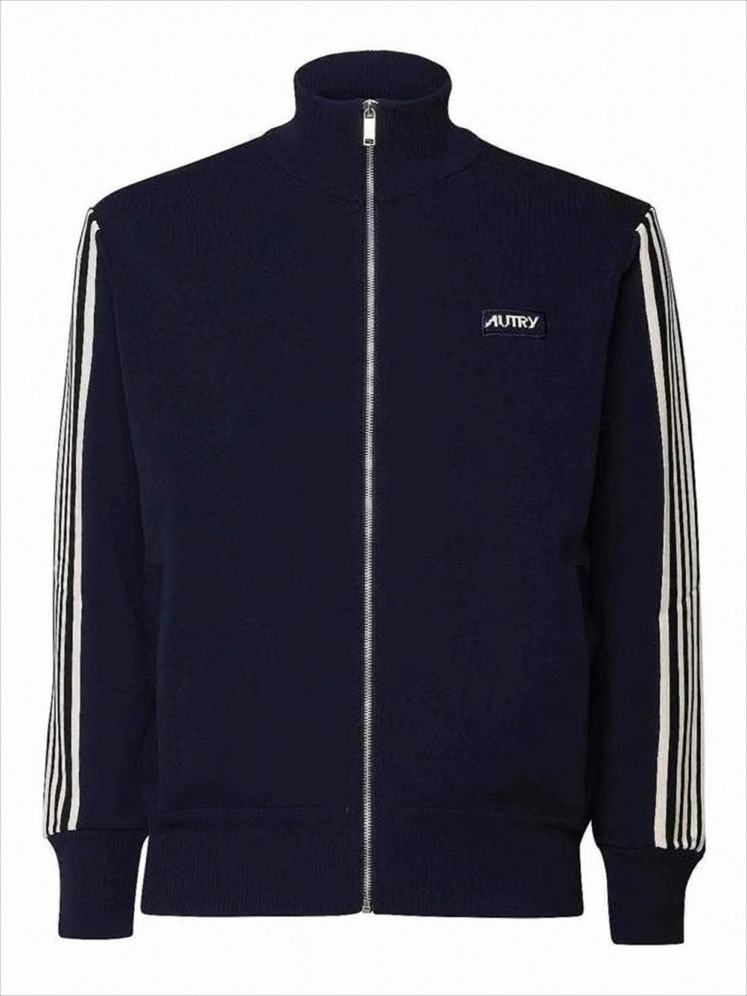 High-Collar Blue Jacket with Vertical Stripes and Ribbed Cuffs
