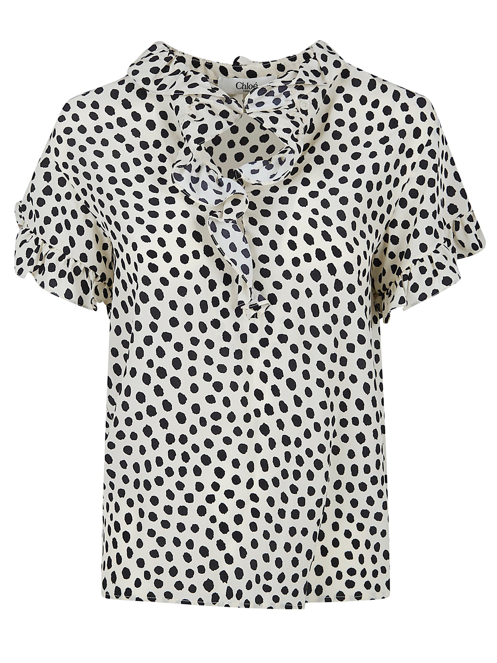 Short-Sleeved Silk Crepe de Chine Top with Ruffle Details