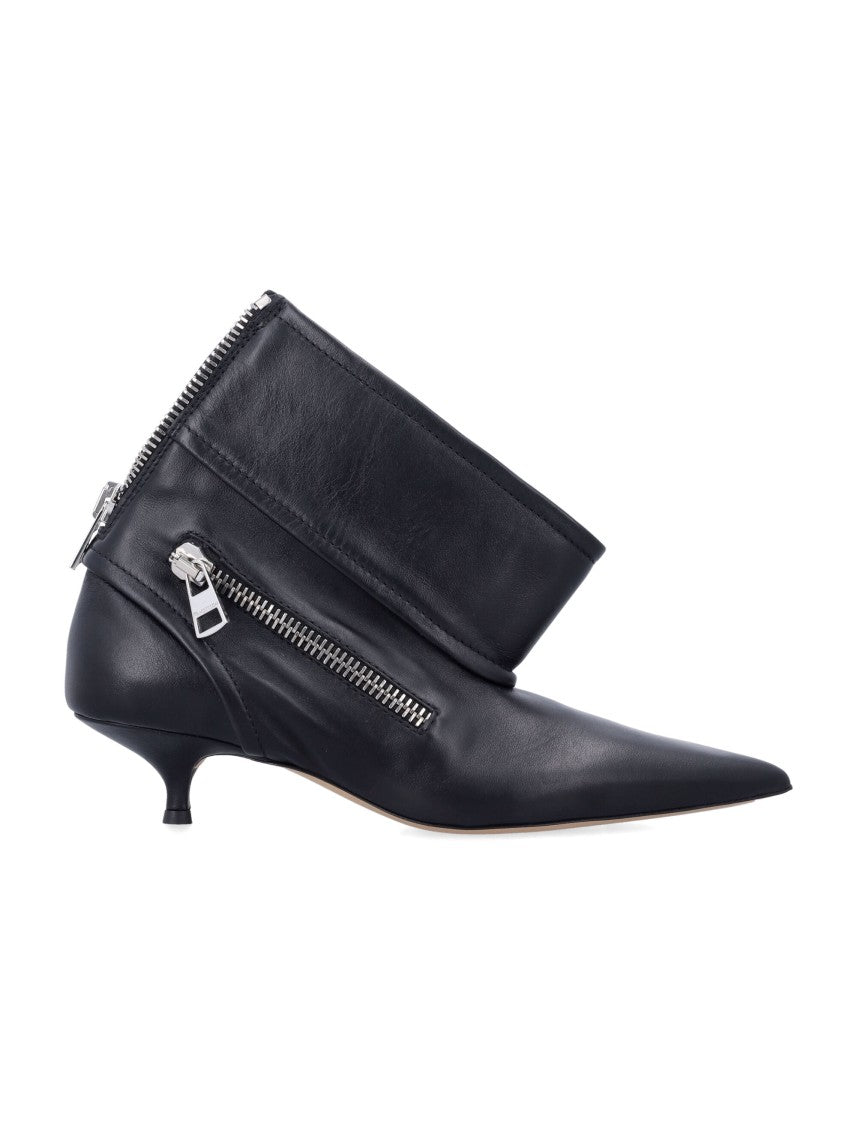 Black Leather Biker Kitten Heel Ankle Boot