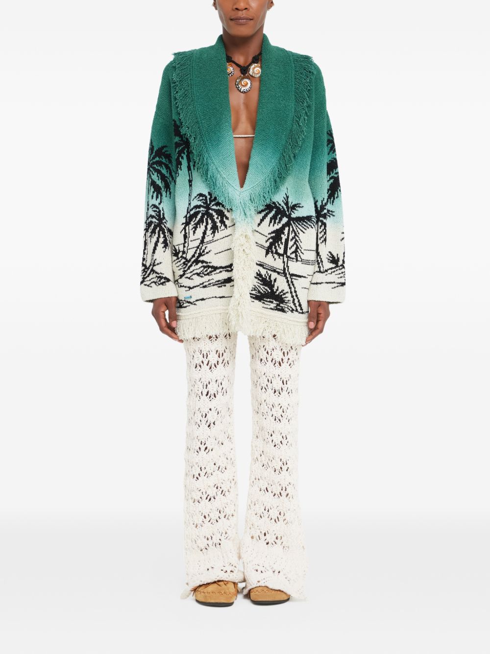 Gradient Knit Sweater With Fringe Shawl Collar