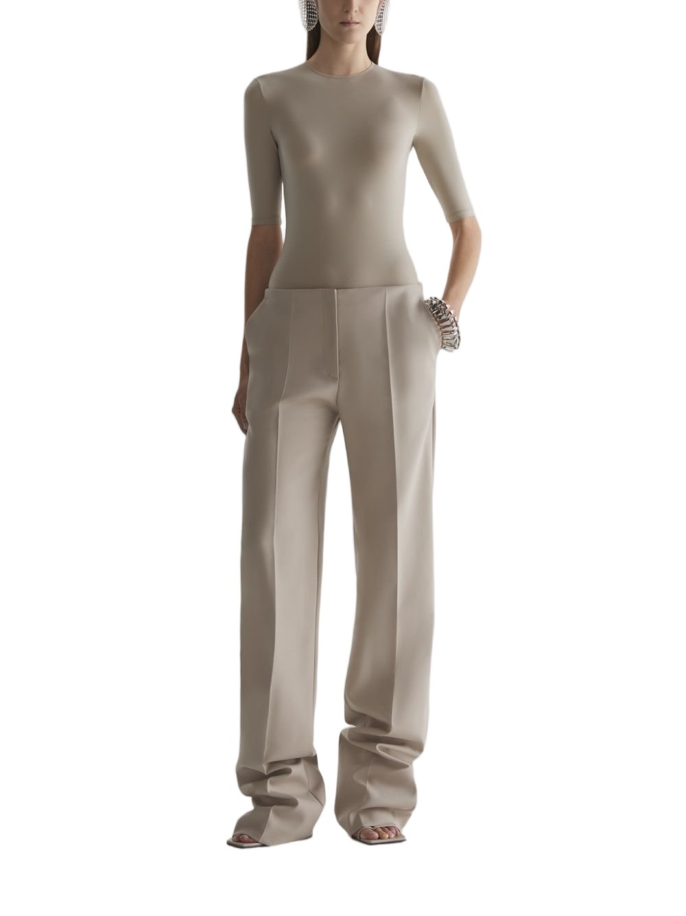 Wide-Leg High-Waist Brown Trousers with Central Crease