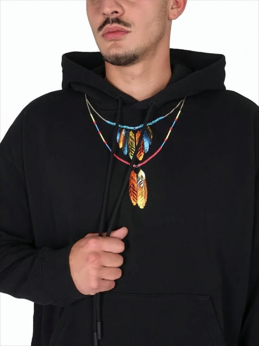 Relaxed Fit Black Hoodie with Feather Embroidery