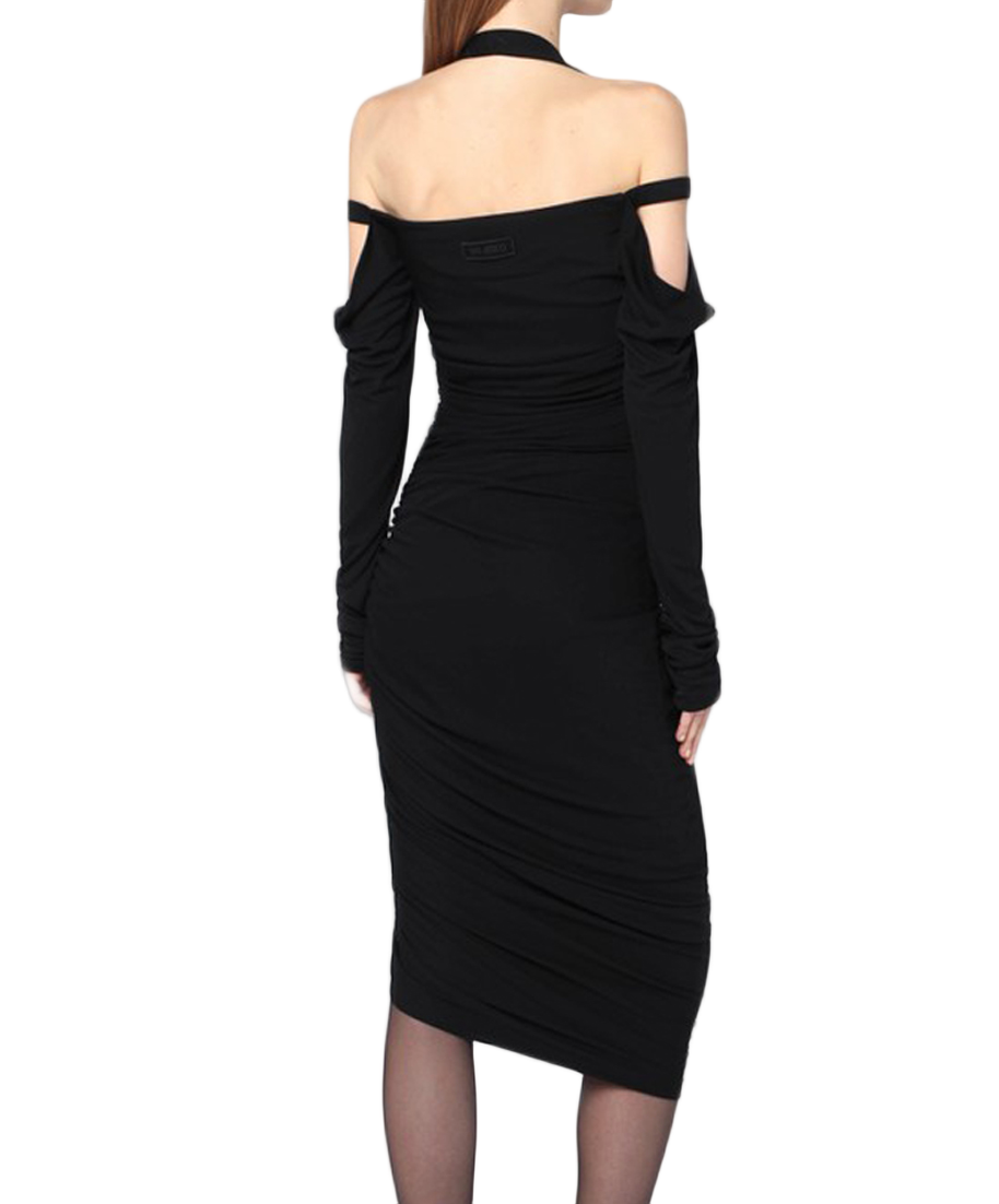 Off-Shoulder Black Midi Dress With Ruched Detailing