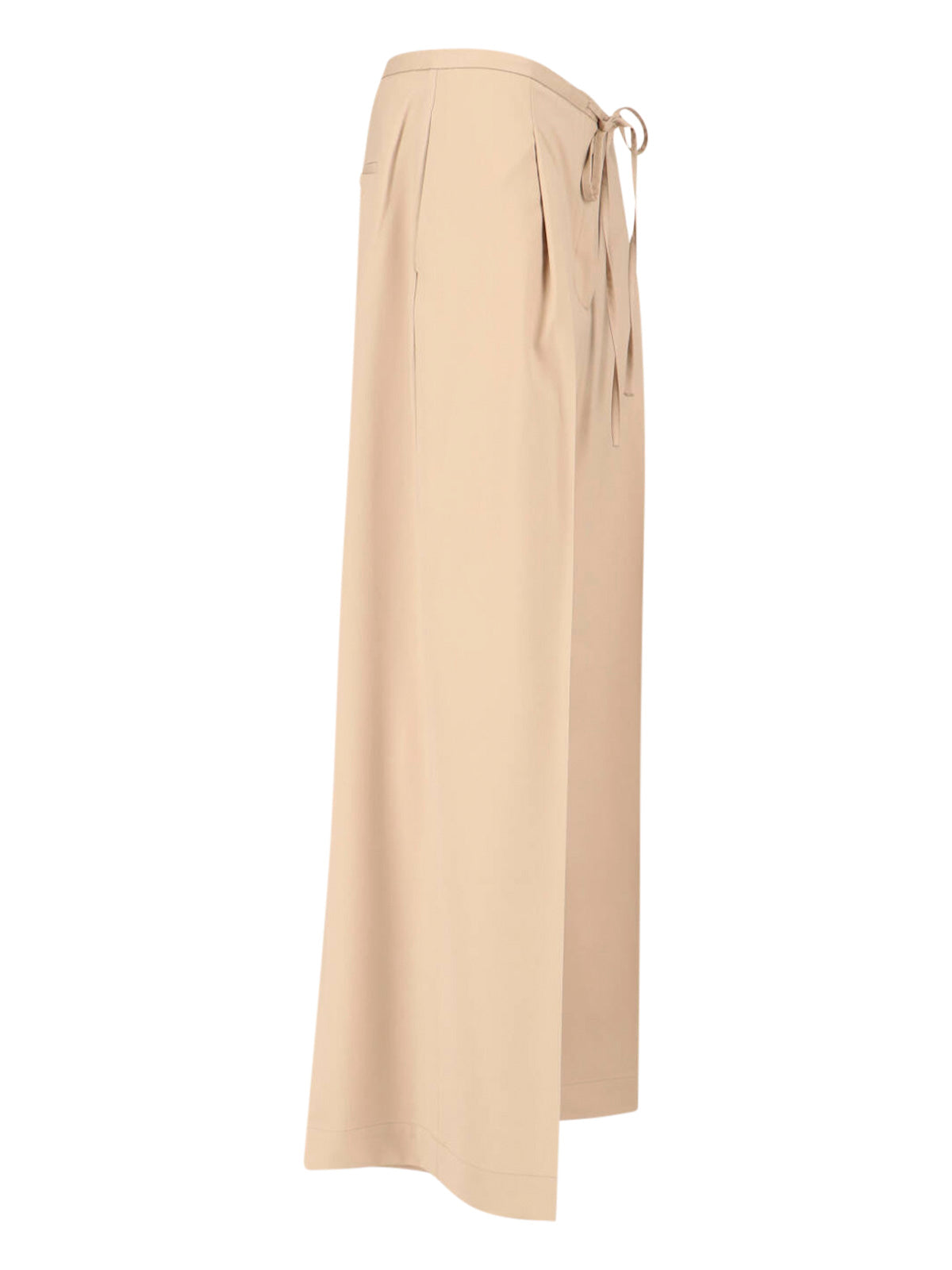 Beige Wide-Leg Virgin Wool Drawstring Trousers