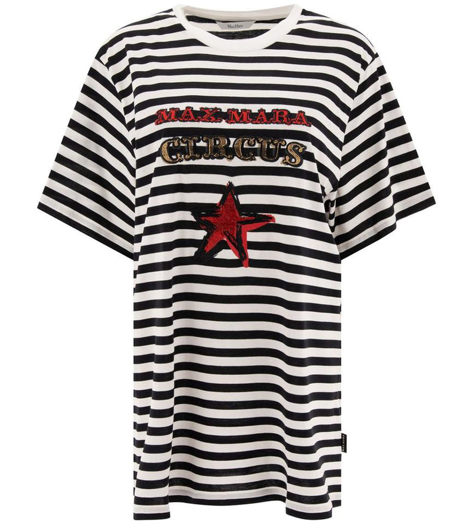 Horizontal Striped Short-Sleeved T-Shirt with Embroidered Graphics
